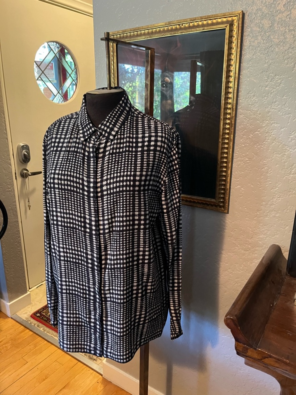 Etro Black and White Checked Silk Button-Down Shirt